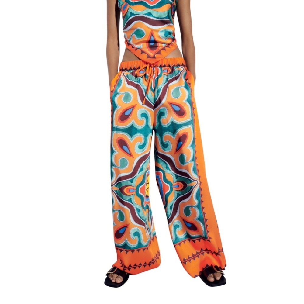 Zara Satin Boho Wie Leg Pull On Pants XS Hippie Festival Indie Bold Statement - Picture 1 of 9